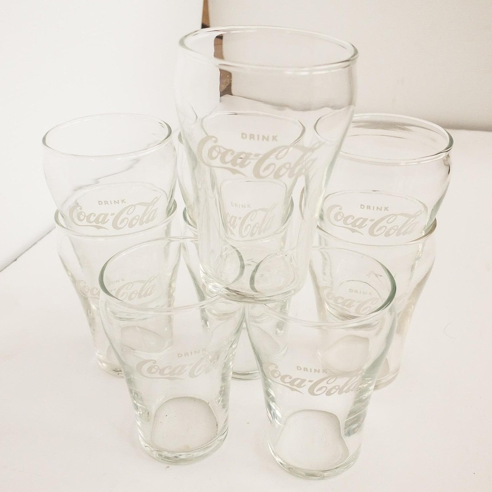 Coca-Cola Drinking Glass Set 9pc Clear White Logo Vintage Style Glass